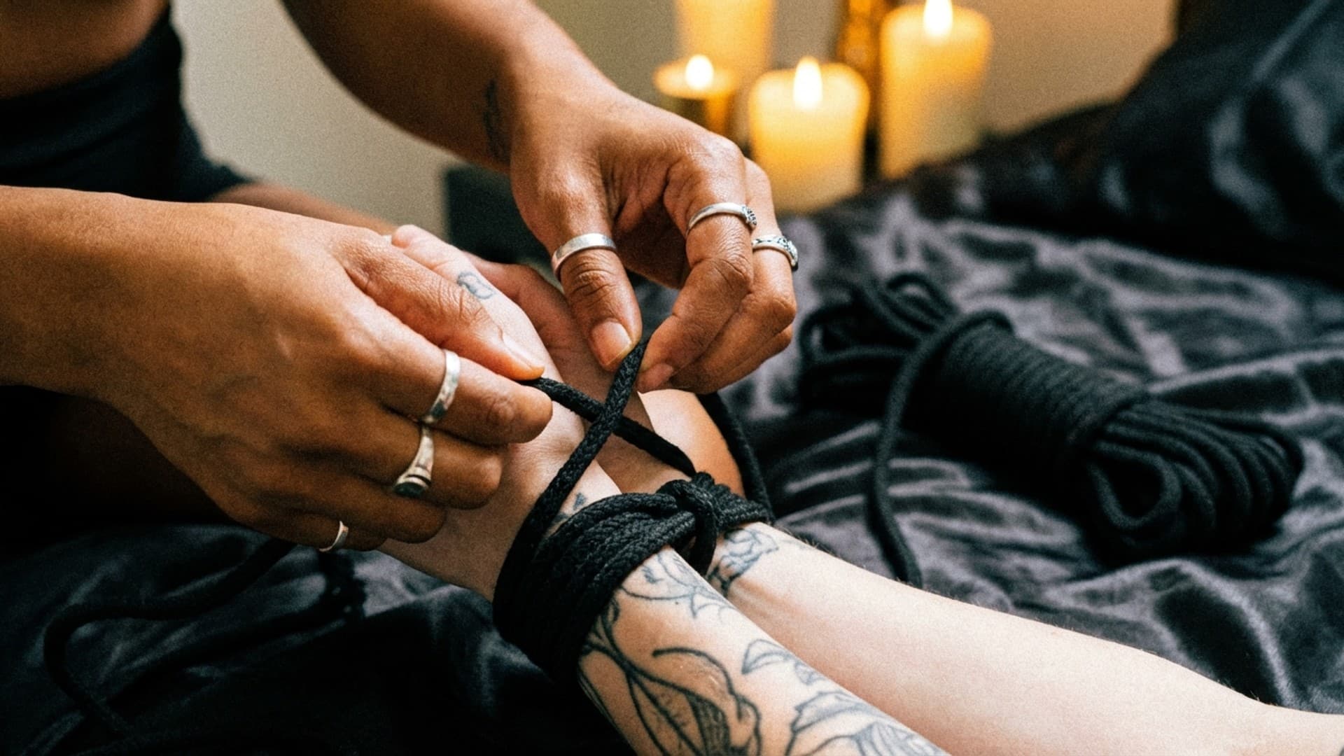 Close-up of hands carefully wrapping rope around a partner's wrists, with candles glowing in the background.