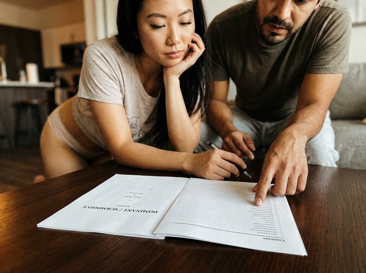 Two people reading a printed contract together at a candlelit table with wine glasses.